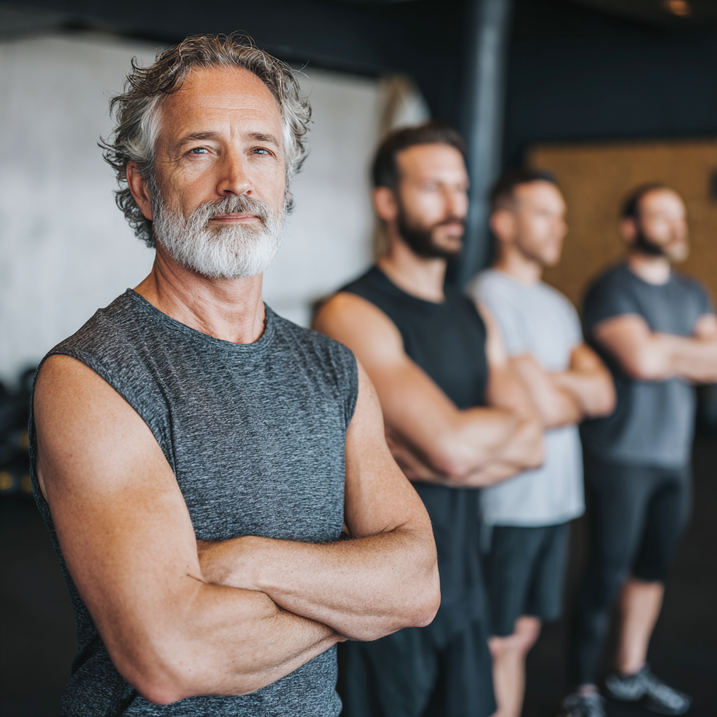 Group of middle-aged men supporting each other in fitness journey