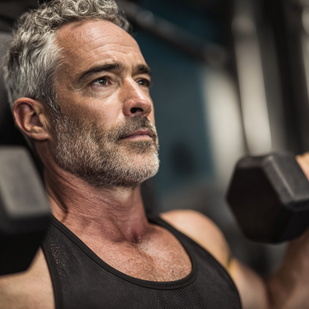 Middle-aged man focused on strength training in modern gym environment